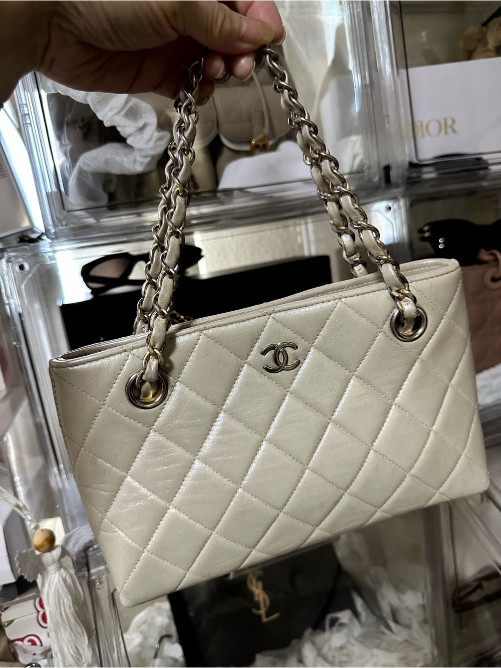 CHANEL Quilted mini Bag in Ivory Cream with Silver Chain